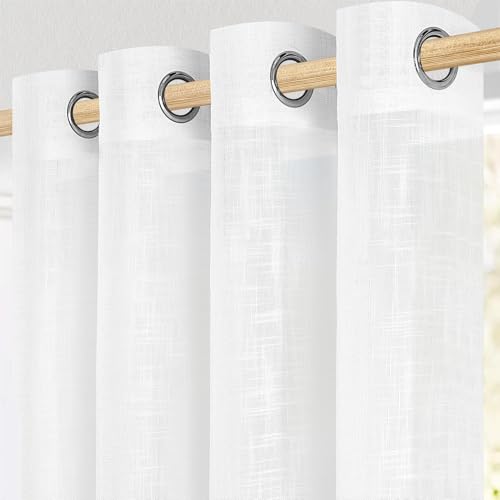 MRTREES White Voile Eyelet Curtains Linen Textured 88 Drop 2 Panels Long Window Semi Transparent Sheer Curtain Panels for Living Room Bedroom Bay Window Weave Slub Design 140x225cm — image 1
