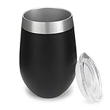 Unbreakable&Durable Stemless Wine Glasses Insulated Wine Tumbler with Lid,12oz Stainless Steel Double Wall Travel Vacuum Cup,Heat Insulation Cold Insulation for Coffee,Wine,Cocktails,Ice Cream(Black)