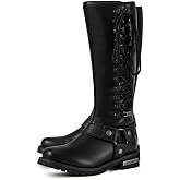 Motorcycle Boots for Women with Full Size Zipper &amp; Lace Details, Black Motorcycle Riding Boots for Ladies with Heel, Classic Harness Design, Mid Calf