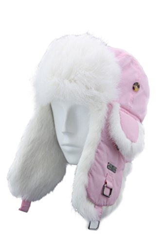 FUR WINTER Kid Taslon Rabbit Fur Aviator Trapper Trooper Pilot Ski Hat PNK XS/S