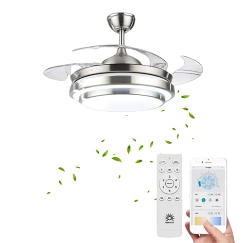 Megaluz F500VL01 Ventilador de techo con lámpara led y control remoto y APP, 42 pulgadas, luz fría, cálida y neutra, aspas retractiles, Abanico 3 velocidades y motor silencioso (Metal satinado).