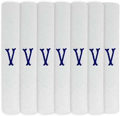 7 Pack Of Mens/Gentlemens White Satin Bordered Handkerchiefs With & Blue Embroidered Initials, Letter V