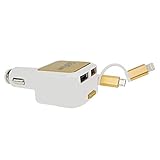 Goldflower Car Charger (24W/4.8A 2 Ports)with Retractable cord 2 in 1 Charging Connector for iPhone 6S/ 6s Plus, iPad Air 2 / mini 3, Galaxy S6 / S6 Edge and More (White-gold)