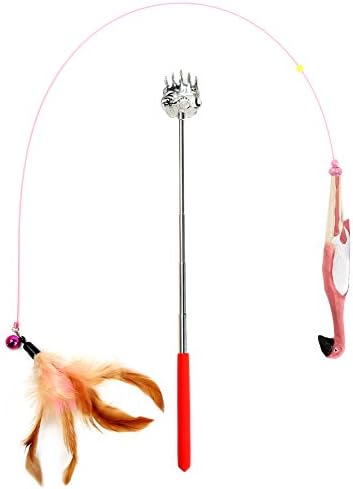 DODODO 1 Piece Feather Teaser Wand with Long 33 Inch Handmade Cartoon Bird Handle and 1 Piece Cat Massage Teaser Toy For Cat and Kitten