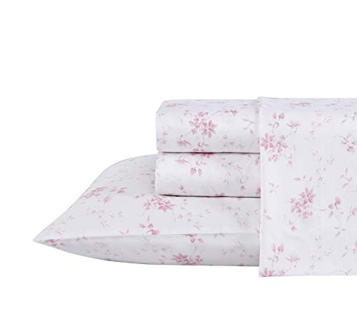 Laura Ashley Home - Queen Sheets, Soft Sateen Cotton Bedding Set - Sleek, Smooth, & Breathable Home Decor, Garden Muse Pink