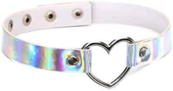 Squishtoy Fashion Jewelry PU Leather Necklace Holographic Rainbow Choker Heart Metal Laser Collar Chocker (white)