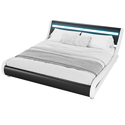 Deluxe Faux Leather Upholstered Platform Bed Frame with LED Headboard