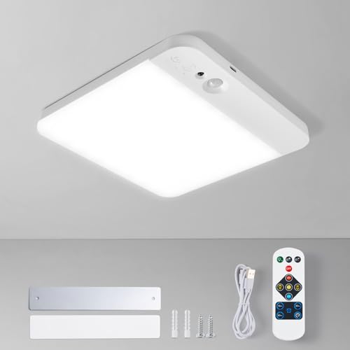 Leselux LED Ceiling Light with Motion Sensor, Cordless Battery Operated Ceiling Lamps with Remote Control, 3 Temperatures of Colour Dimmable, Modern Ceiling Light for Porch, Stairs, Garage