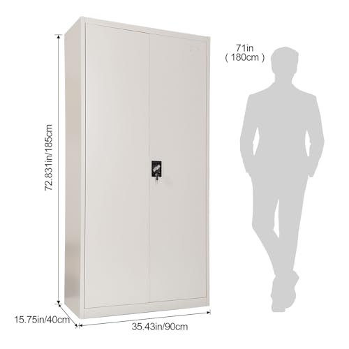 Frideko Filing Cabinet 90 x 40 x 185 cm - Metal Cabinet with 2 Doors and 2 Adjustable Shelves, Storage Cabinet with Lock for Home, Office and Warehouse, Light Grey