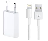 Original Apple 1A adaptador de corriente + 1 metro cargador original OKCS® - para iPhone 6, 6s, 6 Plus, 6s Plus, 5, 5S, 5C, iPad mini 1, 2 , 3 - Air 2, iPod Touch 5G, iPod Nano 7G -iOS 9 compatible - en blanco