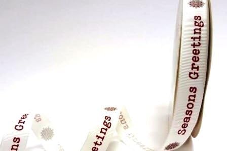 Seasons Greetings Print 16mm Grosgrain Ribbon on a 25m Bertie's Bows Cardboar...
