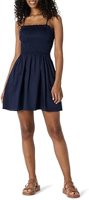 Vestido con Corpiño Nido de Abeja de Satén de Algodón de Corte Recto Mujer, Azul Marino, XS