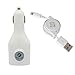 Universal Car / Home Wall Charger Power Adapter with Dual USB Ports White + Retractable Charging and Data Sync Cable Wire