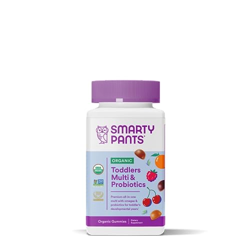 SmartyPants Organic Toddler Multivitamin, Daily Gummy Vitamins: Probiotics, Vitamin C,D3,Zinc&B12 for Immune Support, Energy&Digestive Health, Fruit Flavor, 60Gummies, 30Day Supply, Packaging may vary