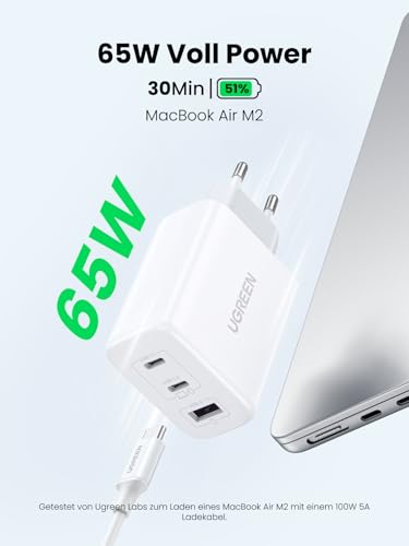 UGREEN USB C Ladegerät 65W PD Netzteil 3-Port Charger Adapter PPS 45W Schnellladegerät kompatibel mit MacBook Pro/Air, iPad, iPhone 17/16/15/14, Galaxy S25 Ultra, Pixel, Steam Deck (Weiß) thumbnail 2