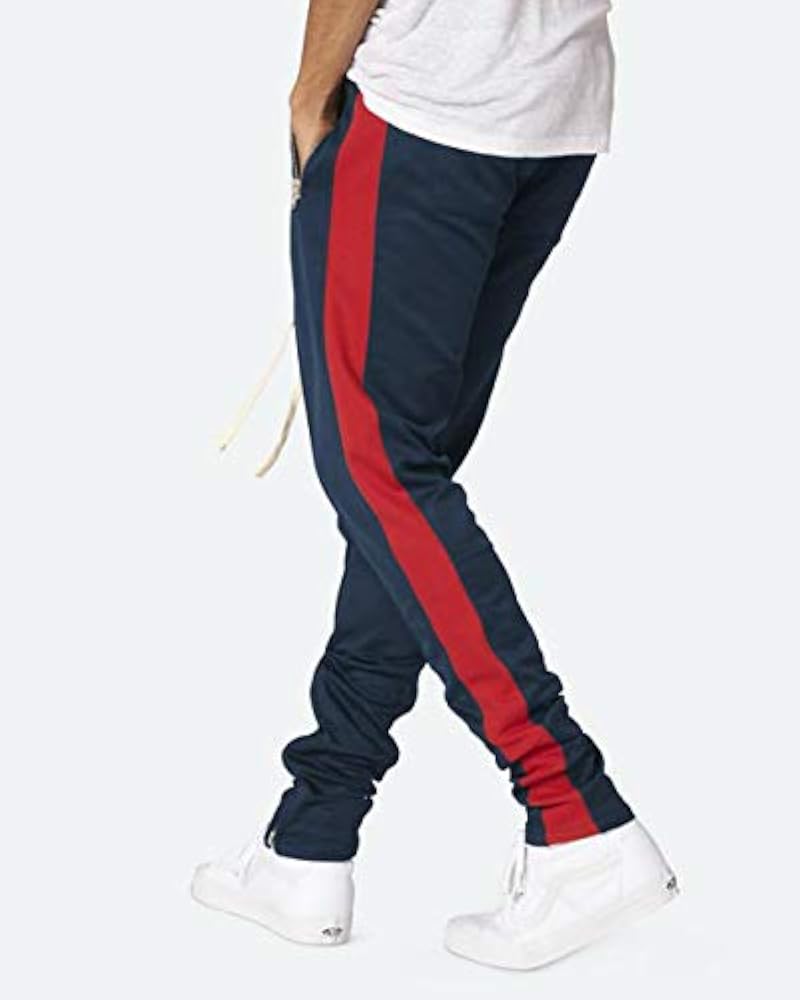 navy and red track pants