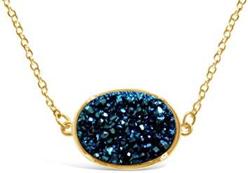 Ellena Rose Druzy Necklace Pendant, 14k Gold Plated Oval Druzy Necklace For Women, 100% Natural Drusy Statement Necklace, Choice of Colors, 18" Chain (Blue)