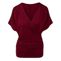 Nursing Shirts for Women Breastfeeding, V Neck Tee Shirts Women,Fashion Women Plus Size Solid Cross V-Neck Short Sleeve Ruched Top Blouse Tee Wine