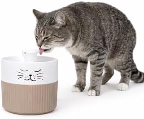 katzenbrunnen - Flamingo Mali rund Taupe & weiß 2L - Kunststoff - super leise Pumpe mit Auto-Stopp - Aktivkohlefilter - LED-Wasserstandsanzeige