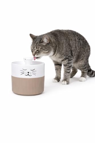 fontanella per gatti - Flamingo Mali rotonda taupe & bianco - design esclusivo - 2L - plastica - pompa super silenziosa con arresto automatico - filtro carbone attivo - indicatore luminoso