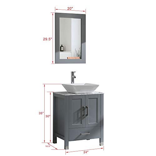 24" Grey Bathroom Vanity Cabinet and Sink Combo Glass/,Marble Top Wood w/Sink Faucet &Drain set (Solid Wood + Marble Top)