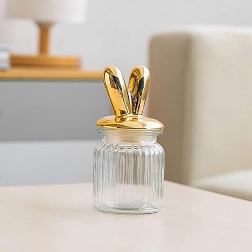 Glass Easter Candy Jars with Ceramic Bunny Ear Lids, Easter Decorations,Sealing Bunny Glass Jars Storage for Mini Eggs, Cookies, Sweets,Tray, Table Centerpiece, Kitchen, Home Spring Decor (1PC)