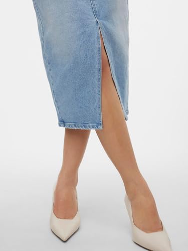 Gonna in Denim Lunghezza al Polpaccio con Spacco 5 Tasche Maxi Skirt, Colore:Azzurro, Taglia:S