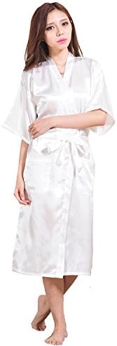 Women's Satin Pure Colour Long Kimono Robes with Oblique V-Neck
