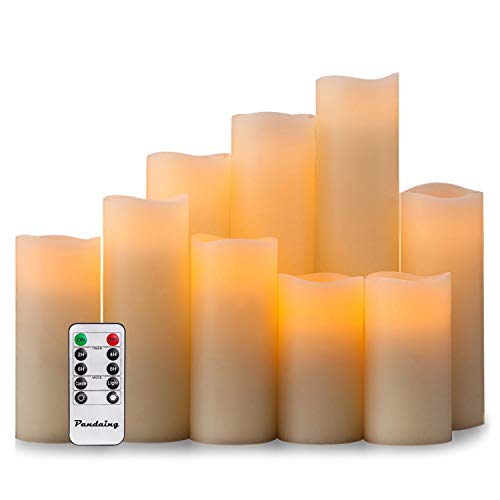 Pandaing Flameless Candles Battery Operated LED Pillar Real Wax Flickering Electric Unscented Candles with Remote Control Cycling 24 Hours Timer, Ivory Color, Set of 9
