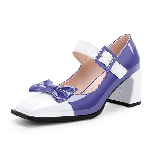Odetina Women's Bow Block High Heel Mary Janes Shoes Buckle Strap Square Toe Pumps