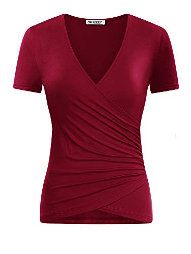 GUBERRY Summer Shirts for Women Deep V Neck Short Sleeve Fitted Wrap Blouse Tops
