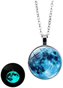 Blue Galaxy Planet Moon Luminous Necklace Glass Dome Cabochon Pendant Women Glow in The Dark Jewelry