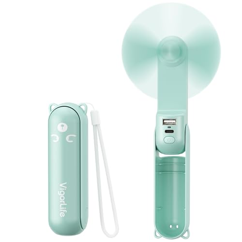 VigorLife Mini Handheld Fan,USB Rechargeable 3 IN 1 Personal Cooler Fans with Power Bank,LED Flashlight,Small Foldable Portable Pocket Fan-Travel & Emergency Essentials for Outdoor Cyan