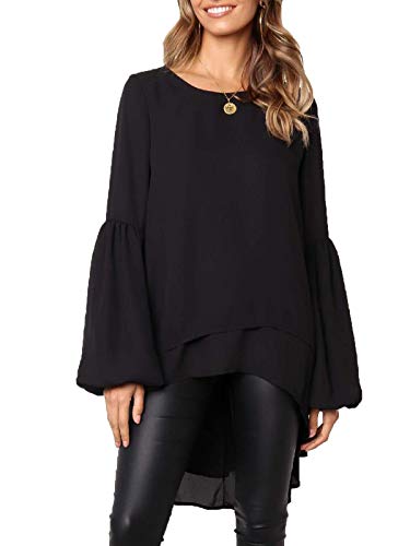 MISSLOOK Women's Lantern Long Sleeve Tops High-Low Hem Tunic Round Neck Asymmetrical Irregular Hem Casual Blouse Shirt Dress - Black-2 XL