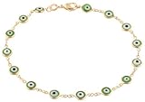Two Year Warranty Gold Overlay with Green Mini Evil Eye Style 10 Inch Anklet (T-322)