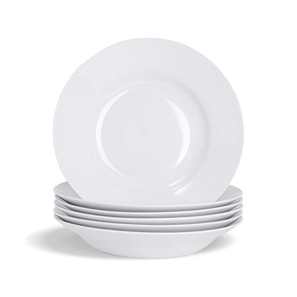 Argon-Tableware-White-Rimmed-SoupPastaCerealBowls-23cm-Set-of-6 6X White Soup Bowls - 23cm (9") - Ceramic Dinner Plates Dish Set Cereal Soup Serving Noodle Bowl - Dishwasher and Microwave Safe - by Argon Tableware