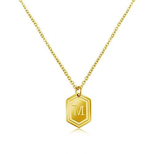 UHIBROS Necklaces for Women, 14K Gold Plated Hexagon Initial Necklaces, Dainty Personalized Alphabet Letter Choker with Adjustable Chain Pendant, Jewelry Gift for Women, Girls or Men-M