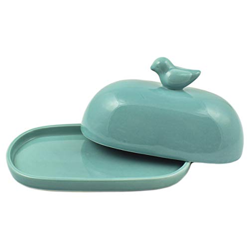 Zoie + Chloe Turquoise Aqua Blue Ceramic Butter Dish with Lid Cover - Extra Large Size