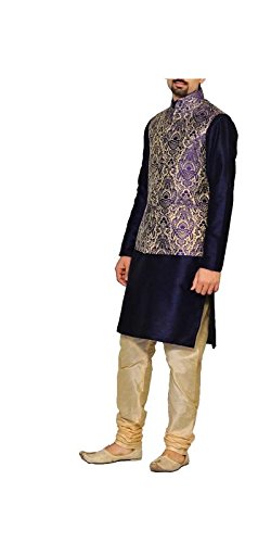 inyour men's silk blue gold waiscoat,dark blue kurta,gold pajama set_inyour-tr3147wcp