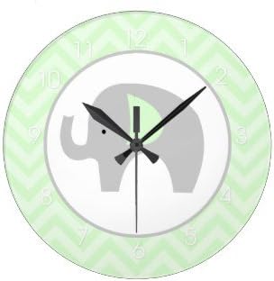 Modern Gray Elephant Green Chevron Round Large 10.75" Wall Clock