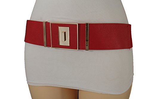 TFJ Women Elastic Faux Leather Fashion Belt Hip Waist Gold Urban Square Buckle Plus M L XL (Red + gold)