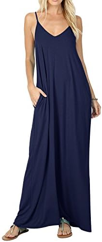Stokeen Womens Summer Casual Plain Swing Pockets Loose Beach Spaghetti Strap Maxi Dress