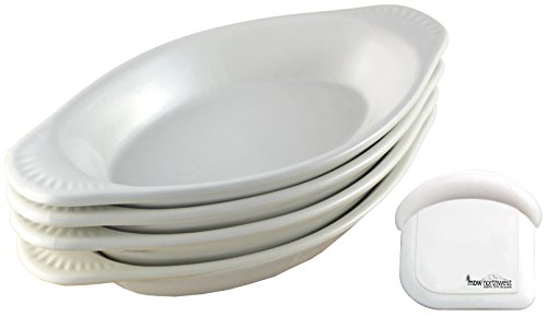 ITI Ceramic Oval Rarebit / Au Gratin Baking Dish with Pan Scraper, Set of 4 (12 Ounce, Pure White)