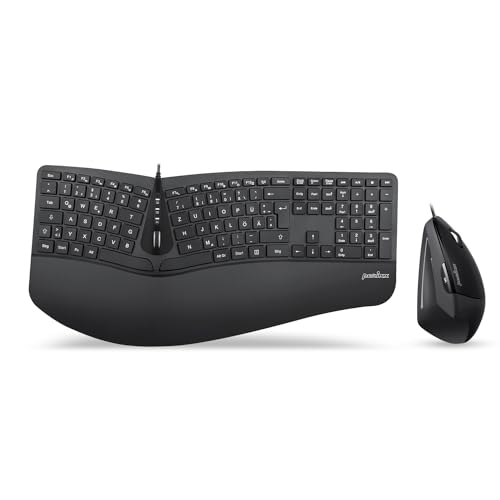 Perixx Periduo-505, Ergonomische Tastatur und Vertikale Maus Desktop Set, Geteiltes Tastenfeld, 4-Wege-Scrollrad, Anpassbare Handballenauflage, Flache Tasten, USB-Kabelgebunden, DE QWERTZ