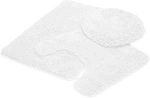 Mk Home 3pc Angela Non Slip Soft Bath Set Rugs for Bathroom Bath Rug, Contour Mat, Toilet Seat Cover New (White)