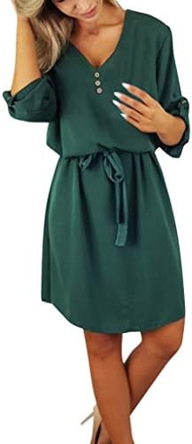 Dress for Women Casual Summer Clothing Tunic Long-Sleeved Solid Design Buttons Half Sleeve Belt Skirt