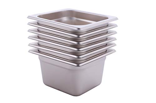 Hakka 1/6 Size Stainless Steel Food Pans,2.5"Deep Gastronorm Containers- Pack of 6