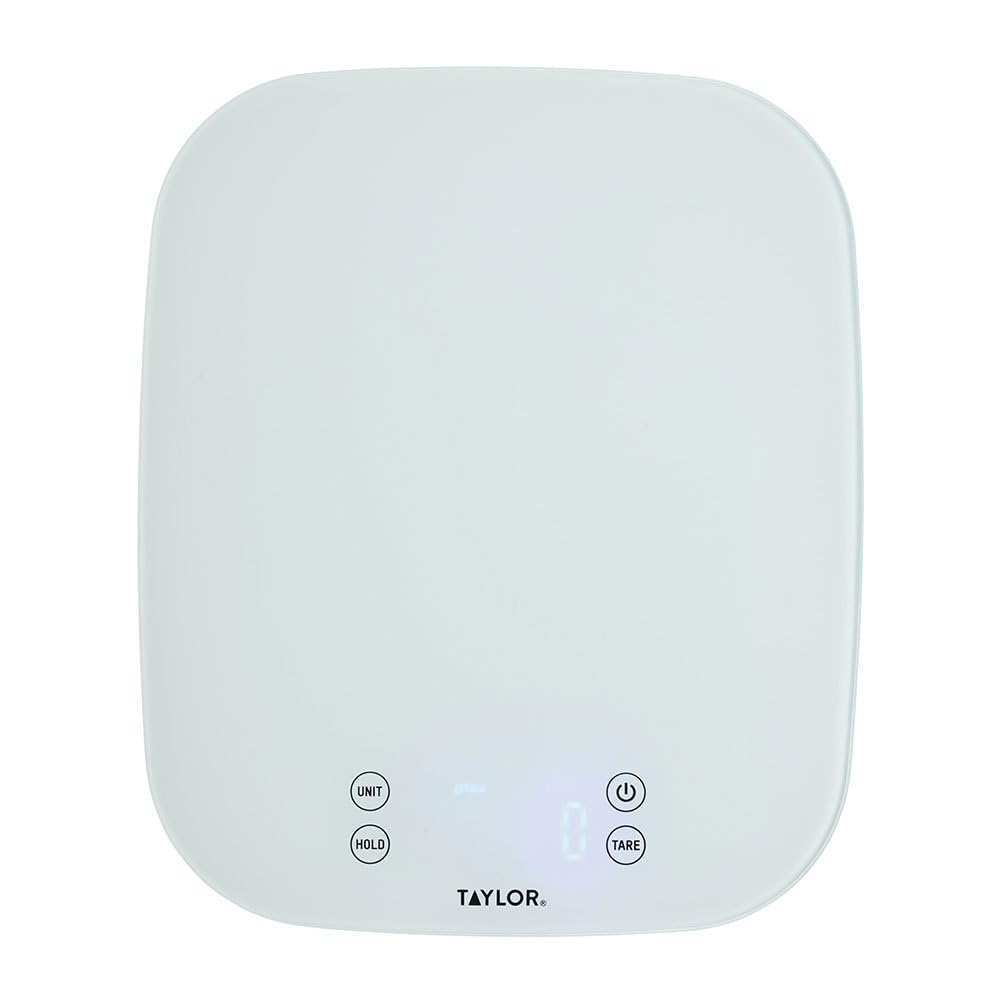 Taylor Pro Digital Kitchen Food Scales, Compact Professional Standard with Precision Accuracy and Waterproof Design with Tare Feature, White Glass, Weighs 14 kg/14 L Capacity