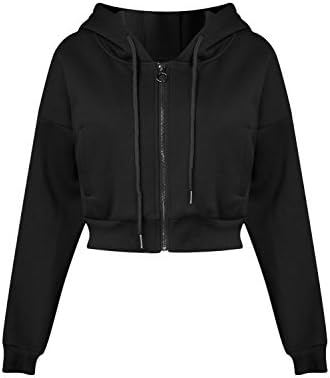 Joeoy Women's Drawstring Zip Up Fleece Hoodie Coat Jacket Crop Top