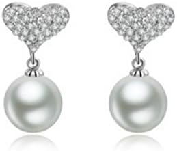 Heart Shaped Pave Cubic Zirconia Pearl Dangle Drop Earring White Gold-Plated (Silver)